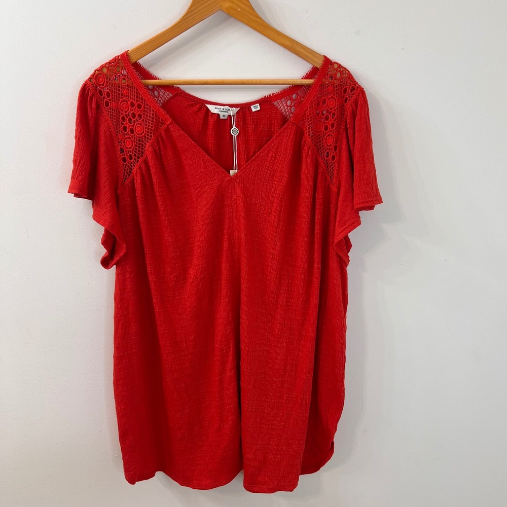 Max Studio London Women's 3X Red Crochet V-Neck Flutter Sleeve Blouse